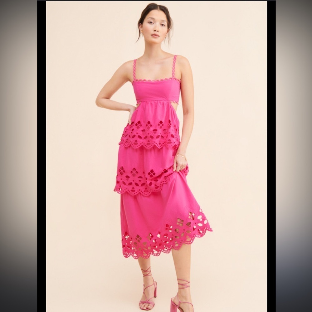 SAYLOR Hot Pink Eyelet Tiered Midi Dress